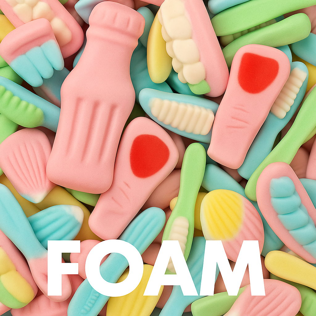 Golosina con la mezcla batida llamada foam, que es la mezcla batida y aireada, menos elástica que la brillo