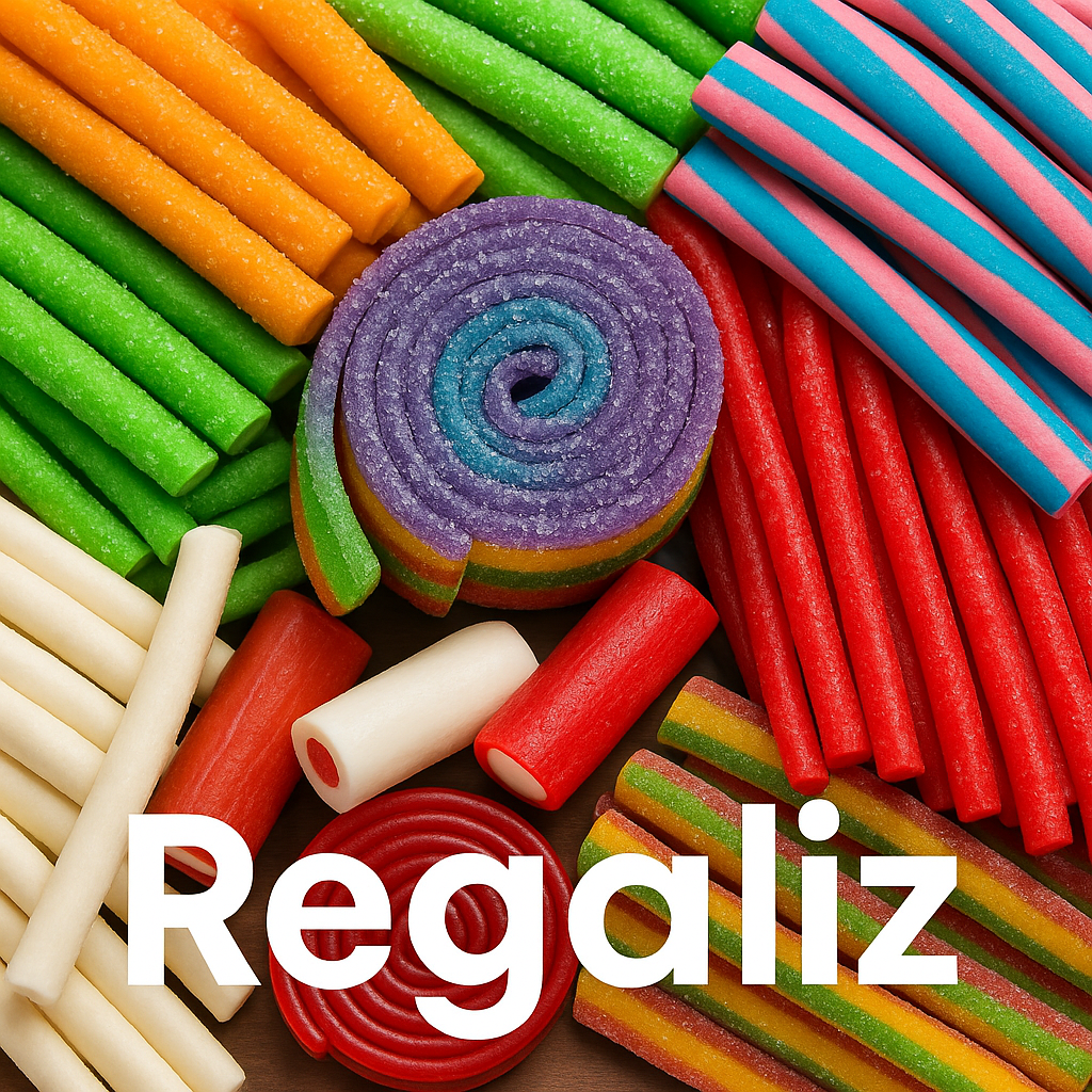 Regaliz de diversos sabores, de brillo o con azúcar, enrollados, corbatas, lenguas. Variedad de colores y rellenos